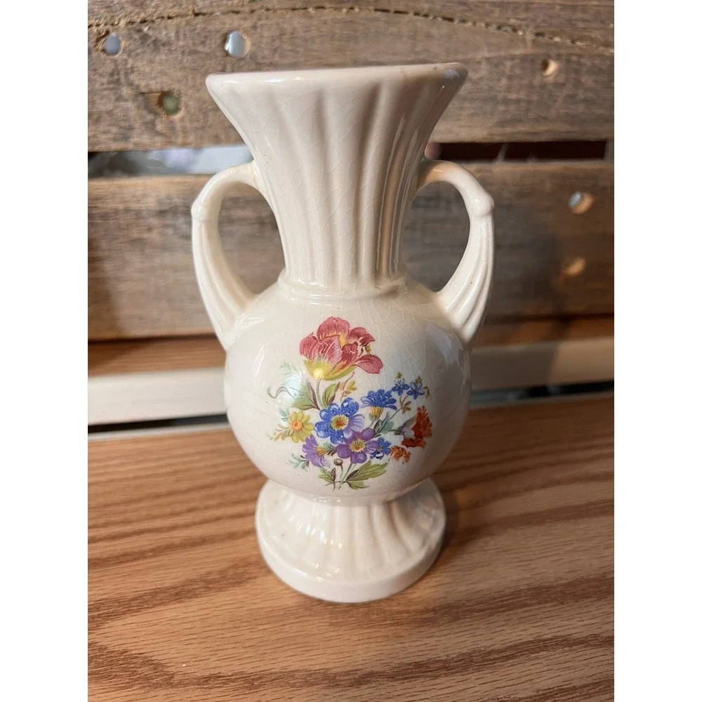 Vintage‎ Royal Copley Porcelain Vase with Vibrant Floral Design and Handles MCM